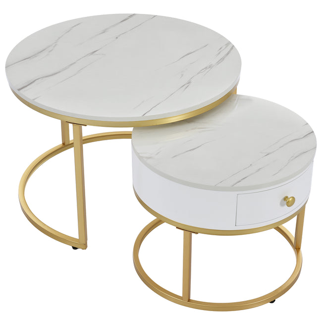 Round Coffee Tables with drawer, Removable Set of 2 End Table, Nesting Tables with Storage Gold Metal Frame Legs and Marble Pattern (non-rock slab)Top for Living Room, Bedroom, Office, Balcon_16