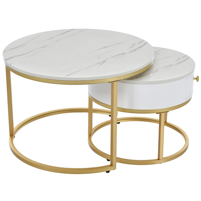 Round Coffee Tables with drawer, Removable Set of 2 End Table, Nesting Tables with Storage Gold Metal Frame Legs and Marble Pattern (non-rock slab)Top for Living Room, Bedroom, Office, Balcon_15