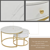 Round Coffee Tables with drawer, Removable Set of 2 End Table, Nesting Tables with Storage Gold Metal Frame Legs and Marble Pattern (non-rock slab)Top for Living Room, Bedroom, Office, Balcon_5