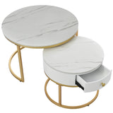 Round Coffee Tables with drawer, Removable Set of 2 End Table, Nesting Tables with Storage Gold Metal Frame Legs and Marble Pattern (non-rock slab)Top for Living Room, Bedroom, Office, Balcon_14