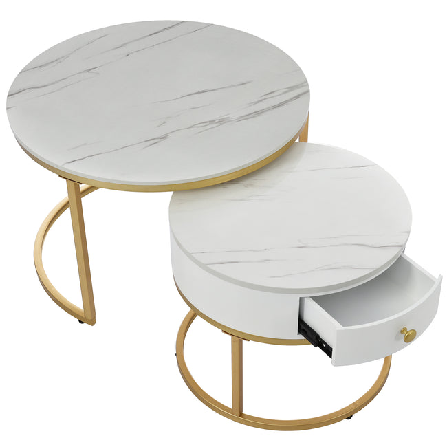Round Coffee Tables with drawer, Removable Set of 2 End Table, Nesting Tables with Storage Gold Metal Frame Legs and Marble Pattern (non-rock slab)Top for Living Room, Bedroom, Office, Balcon_14