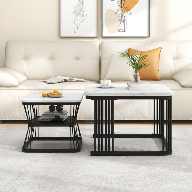 Nest of 2 Tables  Square Coffee Table Coffee Table Set Nesting Sofa Table Multi-functional End Side Table Nesting Tables with Black Metal Frame Legs and Marble Pattern White Top for Living Ro_1