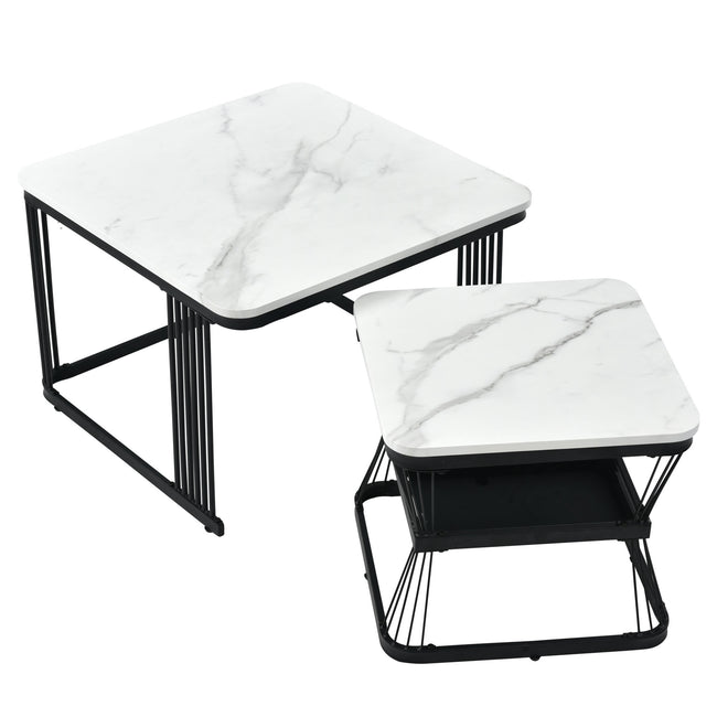 Nest of 2 Tables  Square Coffee Table Coffee Table Set Nesting Sofa Table Multi-functional End Side Table Nesting Tables with Black Metal Frame Legs and Marble Pattern White Top for Living Ro_15