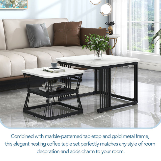 Nest of 2 Tables  Square Coffee Table Coffee Table Set Nesting Sofa Table Multi-functional End Side Table Nesting Tables with Black Metal Frame Legs and Marble Pattern White Top for Living Ro_23