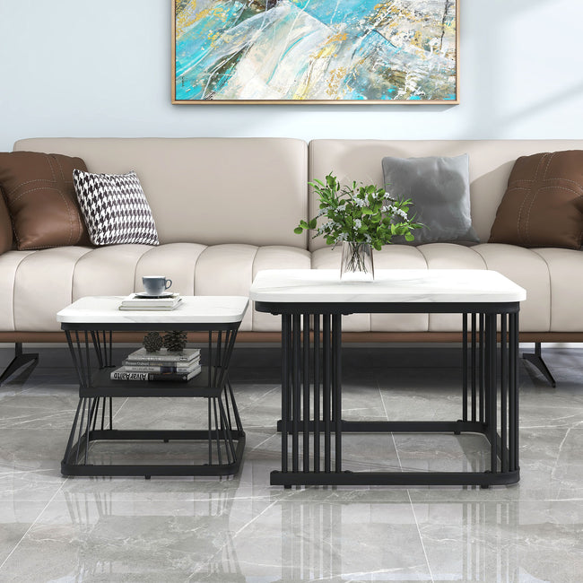 Nest of 2 Tables  Square Coffee Table Coffee Table Set Nesting Sofa Table Multi-functional End Side Table Nesting Tables with Black Metal Frame Legs and Marble Pattern White Top for Living Ro_2