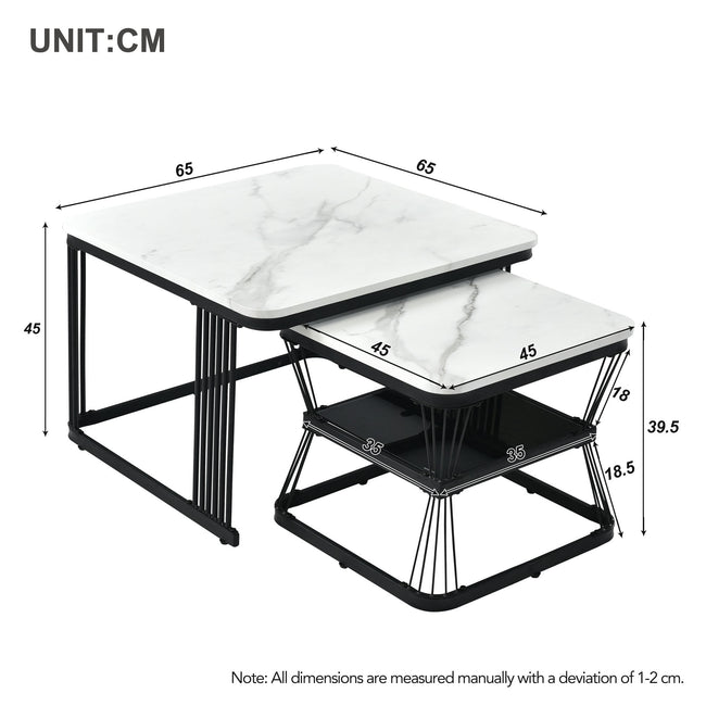 Nest of 2 Tables  Square Coffee Table Coffee Table Set Nesting Sofa Table Multi-functional End Side Table Nesting Tables with Black Metal Frame Legs and Marble Pattern White Top for Living Ro_18