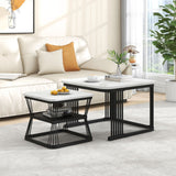 Nest of 2 Tables  Square Coffee Table Coffee Table Set Nesting Sofa Table Multi-functional End Side Table Nesting Tables with Black Metal Frame Legs and Marble Pattern White Top for Living Ro_0