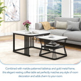 Nest of 2 Tables  Square Coffee Table Coffee Table Set Nesting Sofa Table Multi-functional End Side Table Nesting Tables with Black Metal Frame Legs and Marble Pattern White Top for Living Ro_21