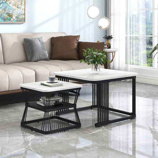 Nest of 2 Tables  Square Coffee Table Coffee Table Set Nesting Sofa Table Multi-functional End Side Table Nesting Tables with Black Metal Frame Legs and Marble Pattern White Top for Living Ro_4