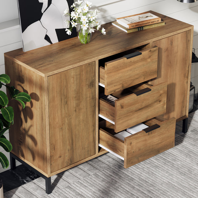 Sideboard Cabinet for Living Room, Chest of Drawers with with 2 doors and 3 drawers, Adjustable shelf, Dark Oak, 40D x 120W x 76H centimetres_0