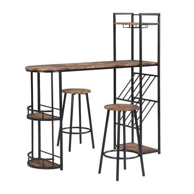Industrial Bar Table Set with 2 Chairs, Counter Height Kitchen Dining Table, Wine Rack, and Side Storage,  (Rustic Brown)_4