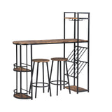 Industrial Bar Table Set with 2 Chairs, Counter Height Kitchen Dining Table, Wine Rack, and Side Storage,  (Rustic Brown)_7