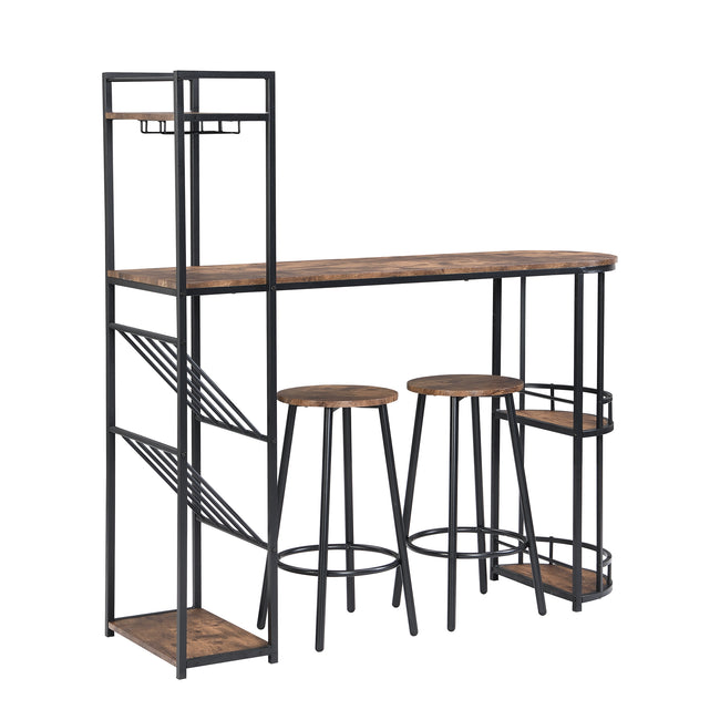 Industrial Bar Table Set with 2 Chairs, Counter Height Kitchen Dining Table, Wine Rack, and Side Storage,  (Rustic Brown)_5