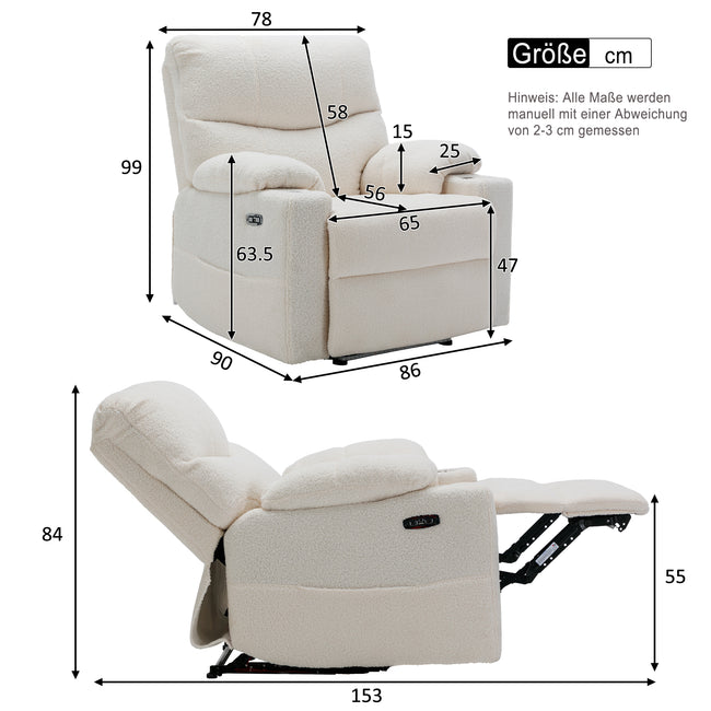 Power Recliner Chair for Elderly Recliner Sofa Chair with Storage Pockets Adjustable Phone Stand Cup Holder Armrest Storage Plush Teddy Fabric Contemporary Overstuffed Design_7