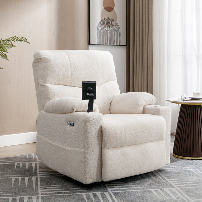 Power Recliner Chair for Elderly Recliner Sofa Chair with Storage Pockets Adjustable Phone Stand Cup Holder Armrest Storage Plush Teddy Fabric Contemporary Overstuffed Design_0