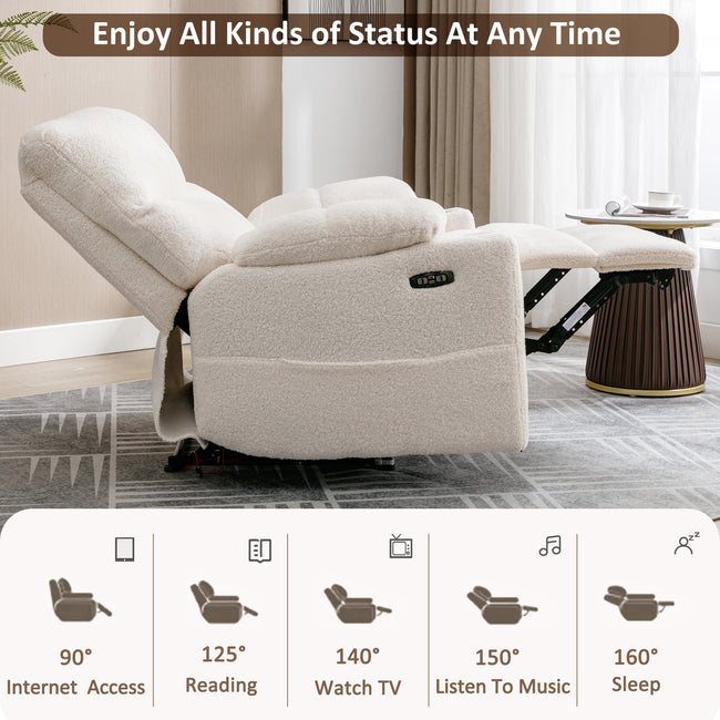 Power Recliner Chair for Elderly Recliner Sofa Chair with Storage Pockets Adjustable Phone Stand Cup Holder Armrest Storage Plush Teddy Fabric Contemporary Overstuffed Design_9