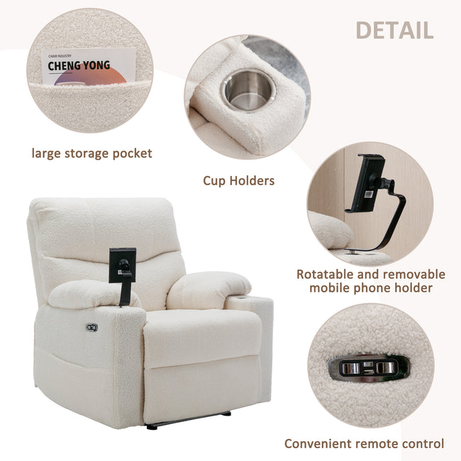 Power Recliner Chair for Elderly Recliner Sofa Chair with Storage Pockets Adjustable Phone Stand Cup Holder Armrest Storage Plush Teddy Fabric Contemporary Overstuffed Design_12