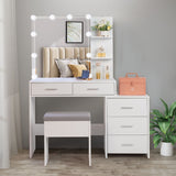 FCH Particleboard Triamine Veneer Mirror Cabinet Dressing Table Set - Includes 5 Drawers, 2 Shelves, and Three Dimming Light Bulbs - Elegant White Finish