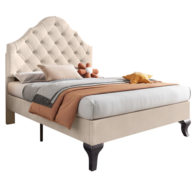 Upholstered bed 90*190 with slatted frame and headboard, Upholstered bed with height-adjustable headboard, Youth bed, Single bed, Wooden slat support, Easy assembly, Velvet, Beige_6