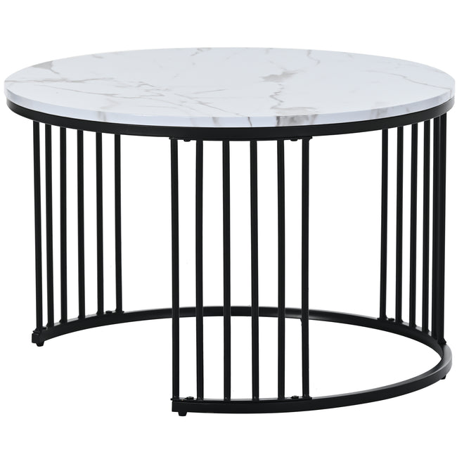 Modern Nesting Coffee Table, Coffee Table Set Marble Veneer Sofa Side Nest of Tables Round End Tables, Set of 2, Black Color Frame_17