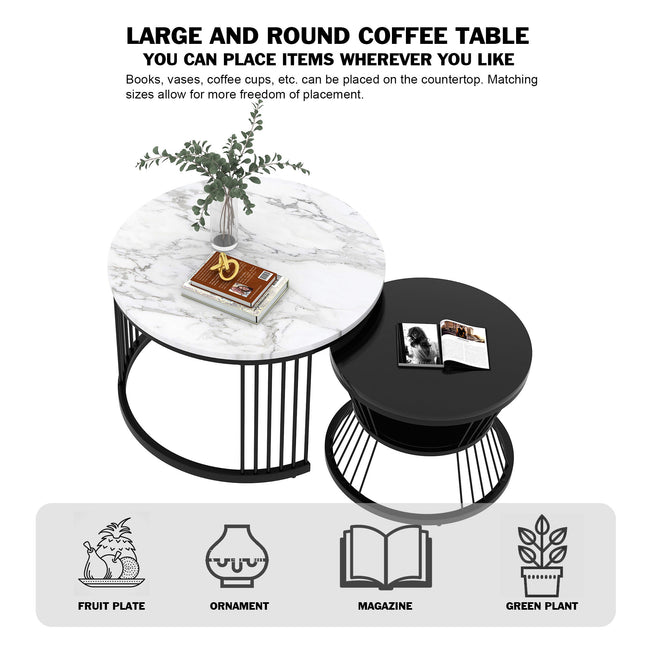 Modern Nesting Coffee Table, Coffee Table Set Marble Veneer Sofa Side Nest of Tables Round End Tables, Set of 2, Black Color Frame_22