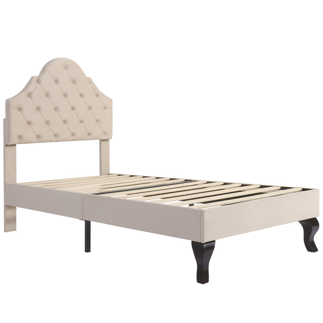 Upholstered bed 90*190 with slatted frame and headboard, Upholstered bed with height-adjustable headboard, Youth bed, Single bed, Wooden slat support, Easy assembly, Velvet, Beige_9