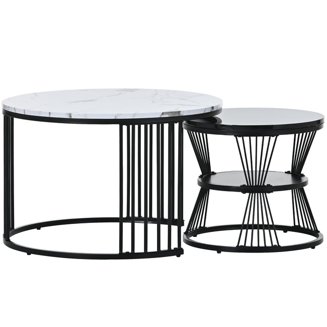 Modern Nesting Coffee Table, Coffee Table Set Marble Veneer Sofa Side Nest of Tables Round End Tables, Set of 2, Black Color Frame_16