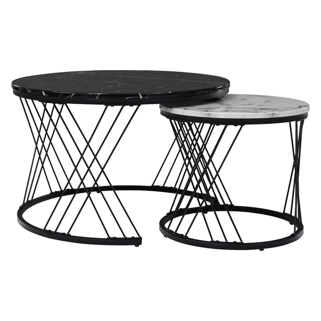 Round Coffee Table, Modern Coffee Table Set of 2 Marble Pattern Top with Metal Frame, Small Side Table, End Table for Living Room, Bedroom, Home Office, Farmhouse, White and Black_7