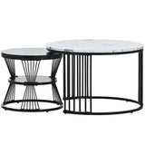 Modern Nesting Coffee Table, Coffee Table Set Marble Veneer Sofa Side Nest of Tables Round End Tables, Set of 2, Black Color Frame_13