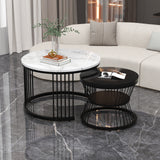 Modern Nesting Coffee Table, Coffee Table Set Marble Veneer Sofa Side Nest of Tables Round End Tables, Set of 2, Black Color Frame_0