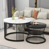 Modern Nesting Coffee Table, Coffee Table Set Marble Veneer Sofa Side Nest of Tables Round End Tables, Set of 2, Black Color Frame_5