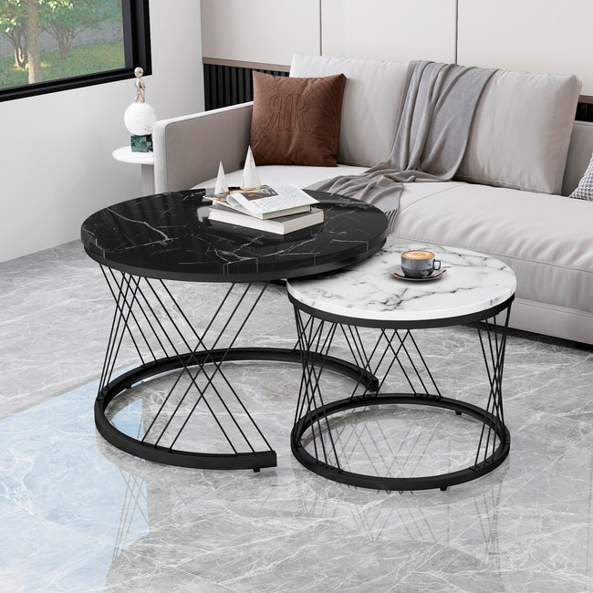 Round Coffee Table, Modern Coffee Table Set of 2 Marble Pattern Top with Metal Frame, Small Side Table, End Table for Living Room, Bedroom, Home Office, Farmhouse, White and Black_1