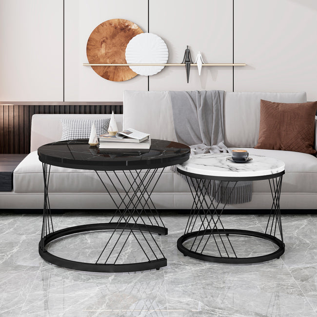 Round Coffee Table, Modern Coffee Table Set of 2 Marble Pattern Top with Metal Frame, Small Side Table, End Table for Living Room, Bedroom, Home Office, Farmhouse, White and Black_0