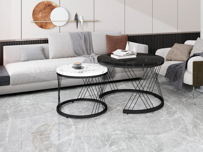Round Coffee Table, Modern Coffee Table Set of 2 Marble Pattern Top with Metal Frame, Small Side Table, End Table for Living Room, Bedroom, Home Office, Farmhouse, White and Black_16