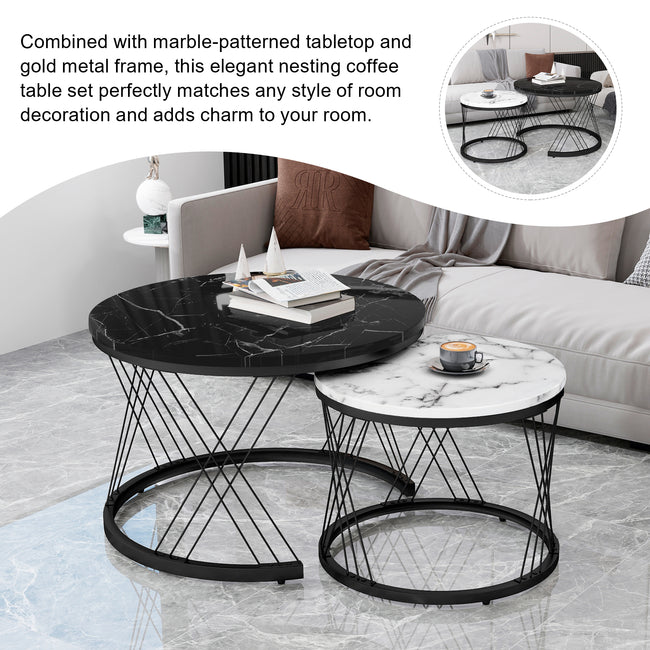 Round Coffee Table, Modern Coffee Table Set of 2 Marble Pattern Top with Metal Frame, Small Side Table, End Table for Living Room, Bedroom, Home Office, Farmhouse, White and Black_22