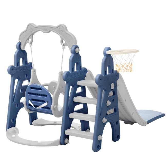 Children's Slide, 5 in 1 Multiplayer toddler slide with basketball stand, football goal, swings, climbing ladder, indoor and outdoor use_17