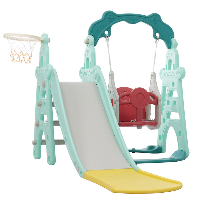 Children's Slide, 5 in 1 Multiplayer toddler slide with basketball stand, football goal, swings, climbing ladder, indoor and outdoor use_11