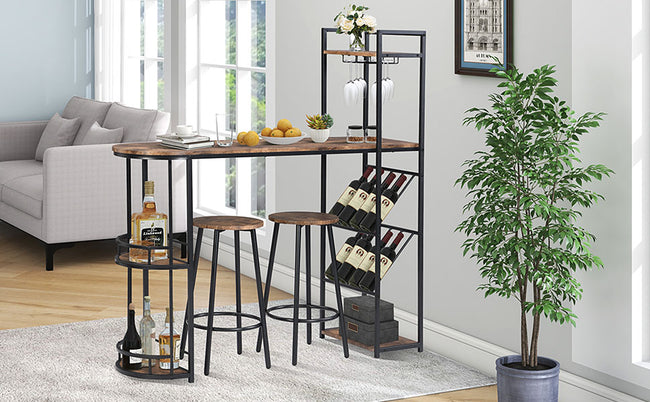 Industrial Bar Table Set with 2 Chairs, Counter Height Kitchen Dining Table, Wine Rack, and Side Storage,  (Rustic Brown)_24