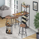 Industrial Bar Table Set with 2 Chairs, Counter Height Kitchen Dining Table, Wine Rack, and Side Storage,  (Rustic Brown)_0
