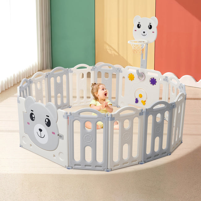 12+2 pieces baby playpen, foldable playpen with basketball hoop (148x146cm), children's playground with bear cartoon pattern, safety locking door catch and non-slip rubber base, indoor and ou_0