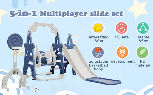 Children's Slide, 5 in 1 Multiplayer toddler slide with basketball stand, football goal, swings, climbing ladder, indoor and outdoor use_7