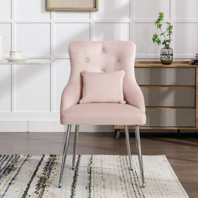 Button Pattern Dining Chair, Upholstered Armchair, Metal Leg Chairs, Modern Lounge Chair, Bedroom Living Room Chair with Lumbar Cushion, Pink_1