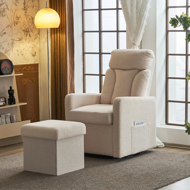White Swivel Chair with Footrest, Storage Pocket, Teddy Material, D28 Foam Padding, Wooden Frame, Metal Base, Detachable Backrest and Armrests, Self-Assembly, Hidden Storage in Footrest_18