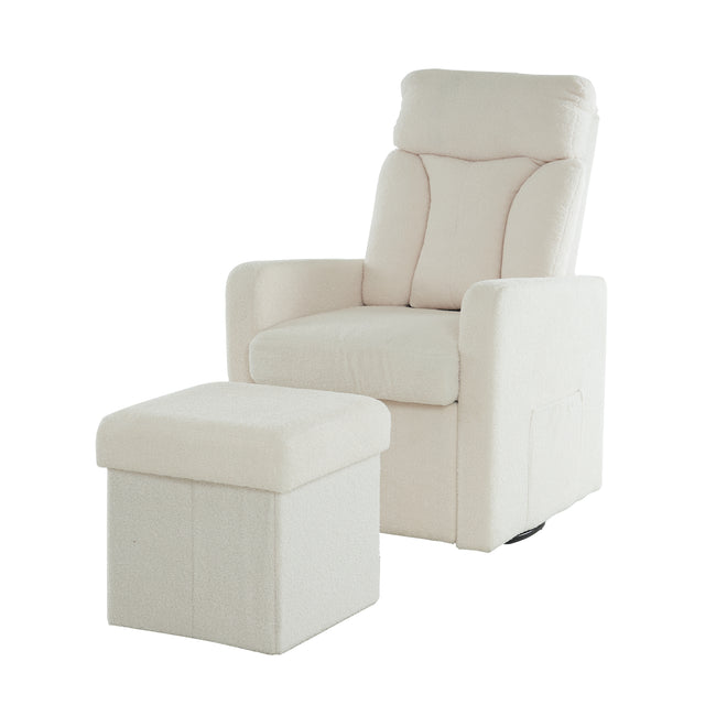 White Swivel Chair with Footrest, Storage Pocket, Teddy Material, D28 Foam Padding, Wooden Frame, Metal Base, Detachable Backrest and Armrests, Self-Assembly, Hidden Storage in Footrest_1