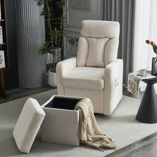 White Swivel Chair with Footrest, Storage Pocket, Teddy Material, D28 Foam Padding, Wooden Frame, Metal Base, Detachable Backrest and Armrests, Self-Assembly, Hidden Storage in Footrest_15