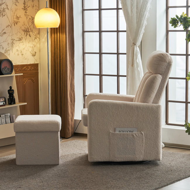 White Swivel Chair with Footrest, Storage Pocket, Teddy Material, D28 Foam Padding, Wooden Frame, Metal Base, Detachable Backrest and Armrests, Self-Assembly, Hidden Storage in Footrest_14