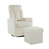 White Swivel Chair with Footrest, Storage Pocket, Teddy Material, D28 Foam Padding, Wooden Frame, Metal Base, Detachable Backrest and Armrests, Self-Assembly, Hidden Storage in Footrest_0