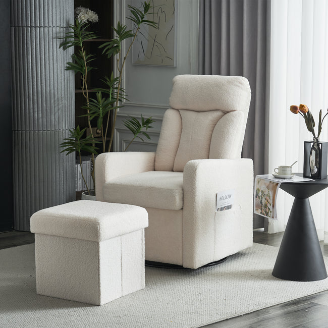 White Swivel Chair with Footrest, Storage Pocket, Teddy Material, D28 Foam Padding, Wooden Frame, Metal Base, Detachable Backrest and Armrests, Self-Assembly, Hidden Storage in Footrest_16