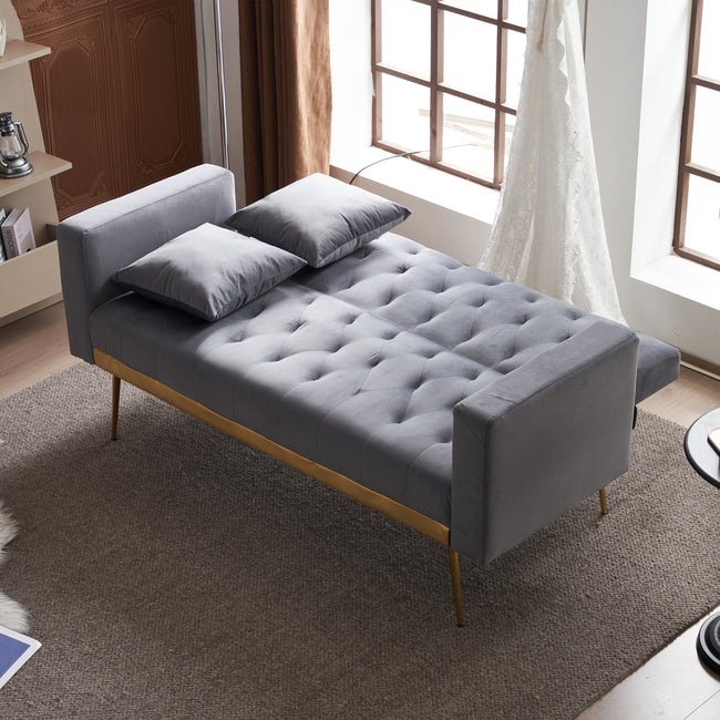 Grey sofa that converts into a bed - Wooden frame, metal feet, removable armrests, with 2 small pillows, 146x71x75 cm_11