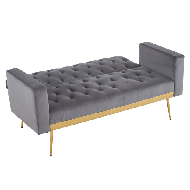 Grey sofa that converts into a bed - Wooden frame, metal feet, removable armrests, with 2 small pillows, 146x71x75 cm_19